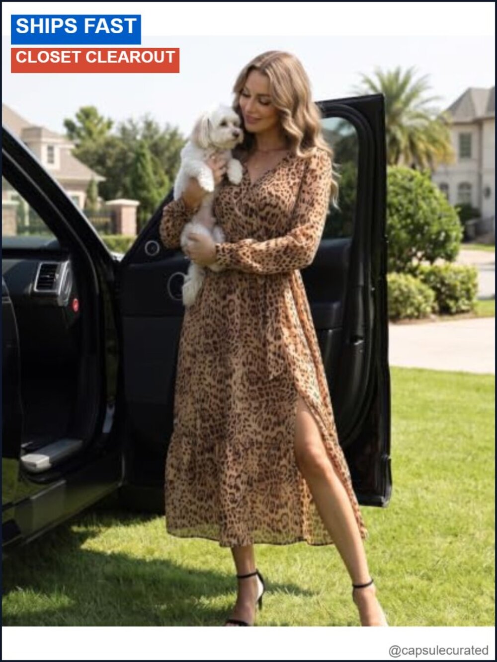 Women's Long Sleeve Midi Dress with Pockets V-Neck Side Slit - Picture 3 of 6